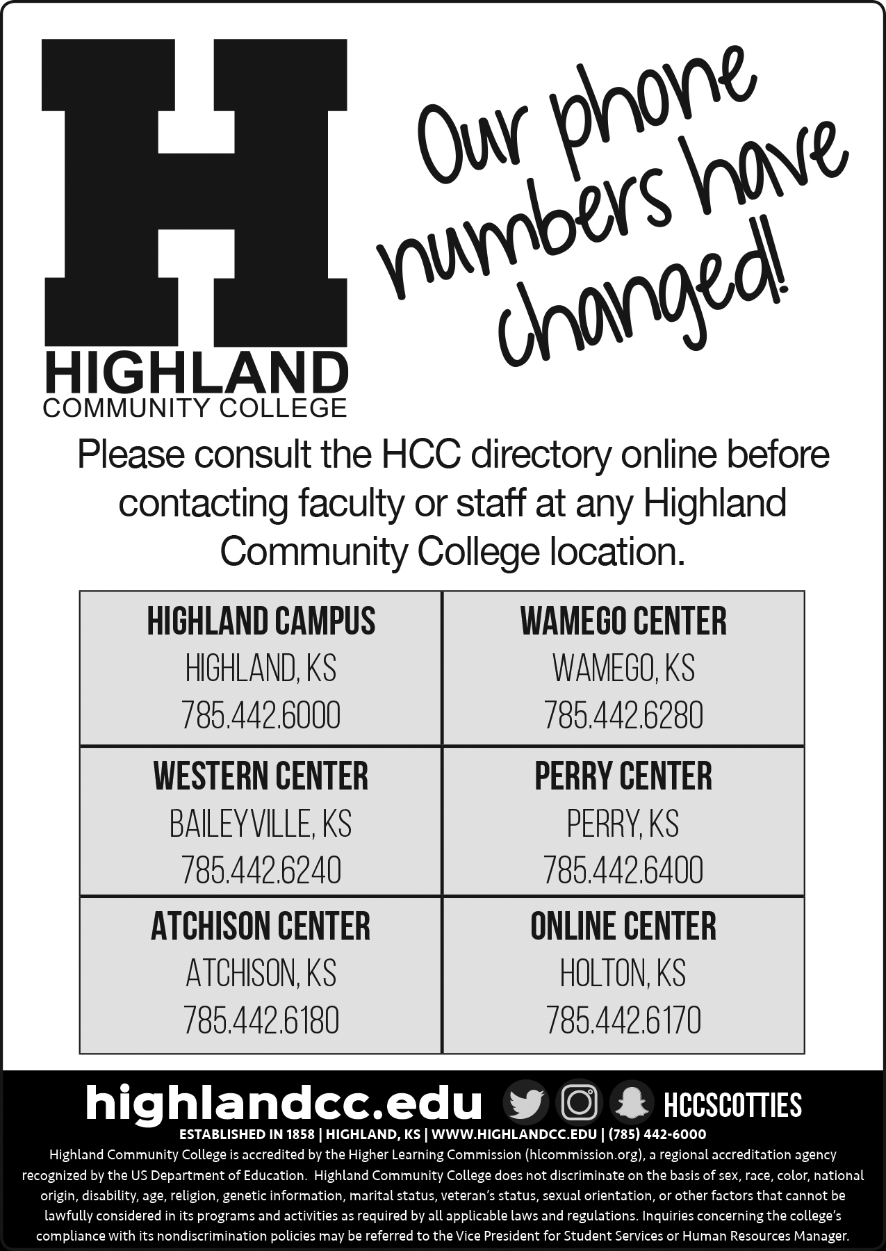 Phone Number Change at All Highland Community College Locations