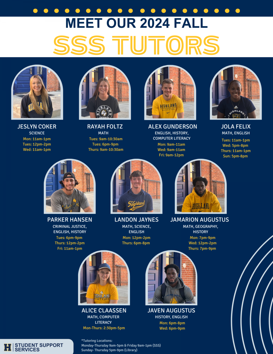 Meet our SSS Tutors for Fall 2024. Flyer lists the different tutors and their hours. This information is available below in the table list. 