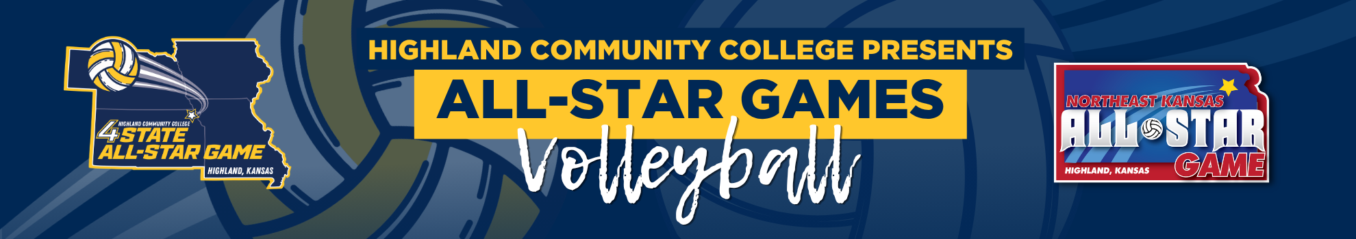 Decorative Banner which says Highland Community College presents All-Star Games Volleyball and includes both logos for Northeast Kansas and Four State