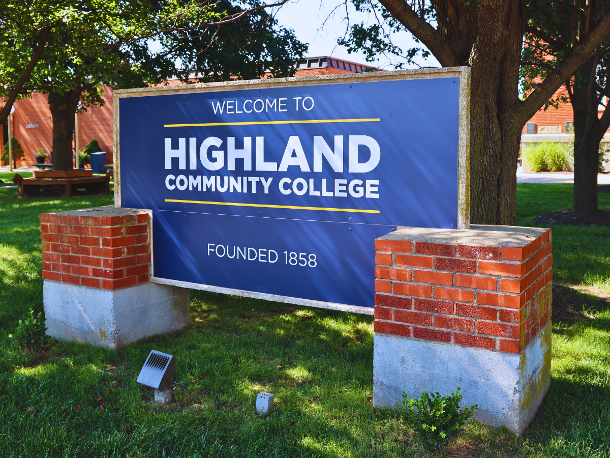 Sign on Highland Campus says Welcome to Highland Community College Founded 1858