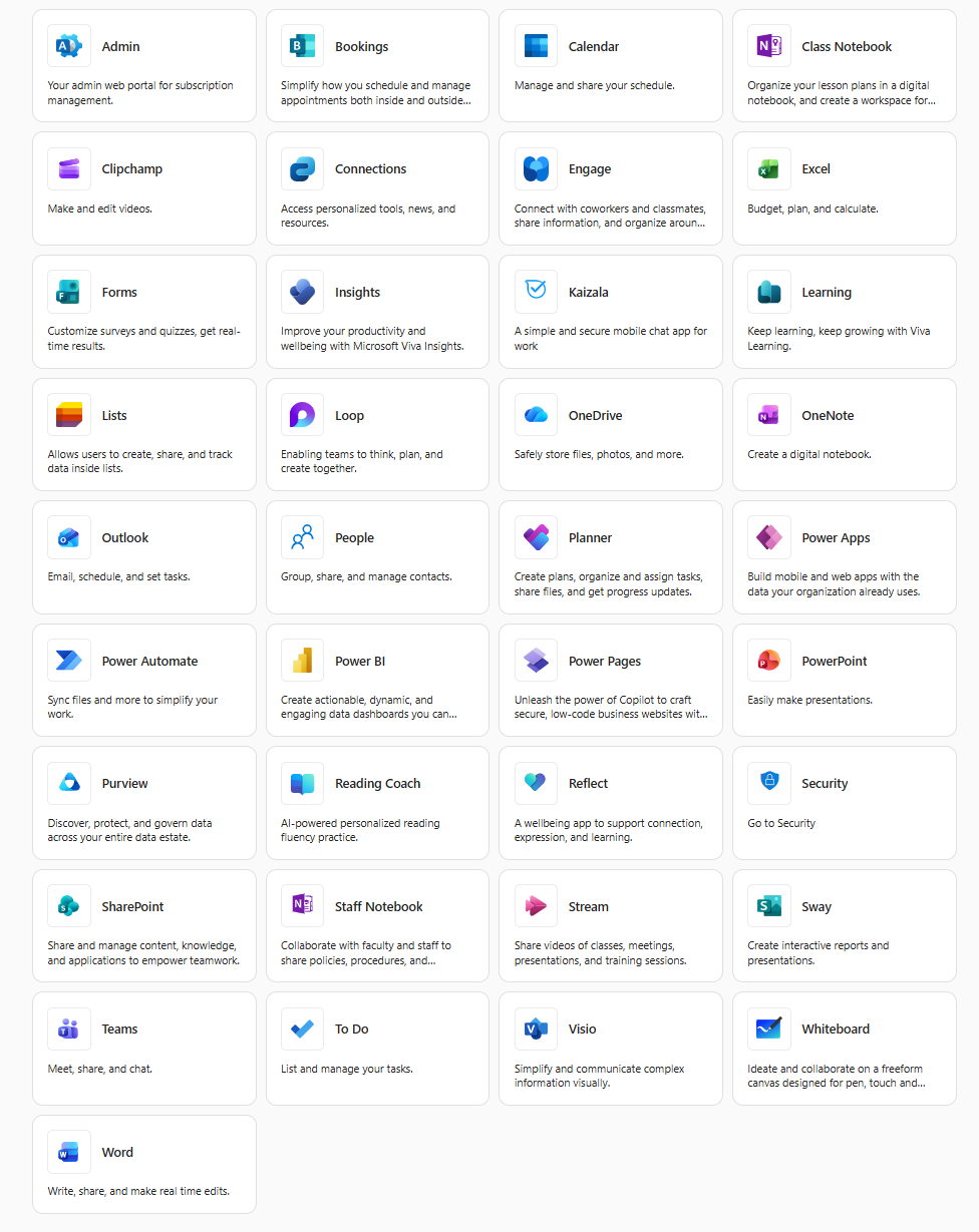 List of Microsoft Office Applications, also available by clicking the button below