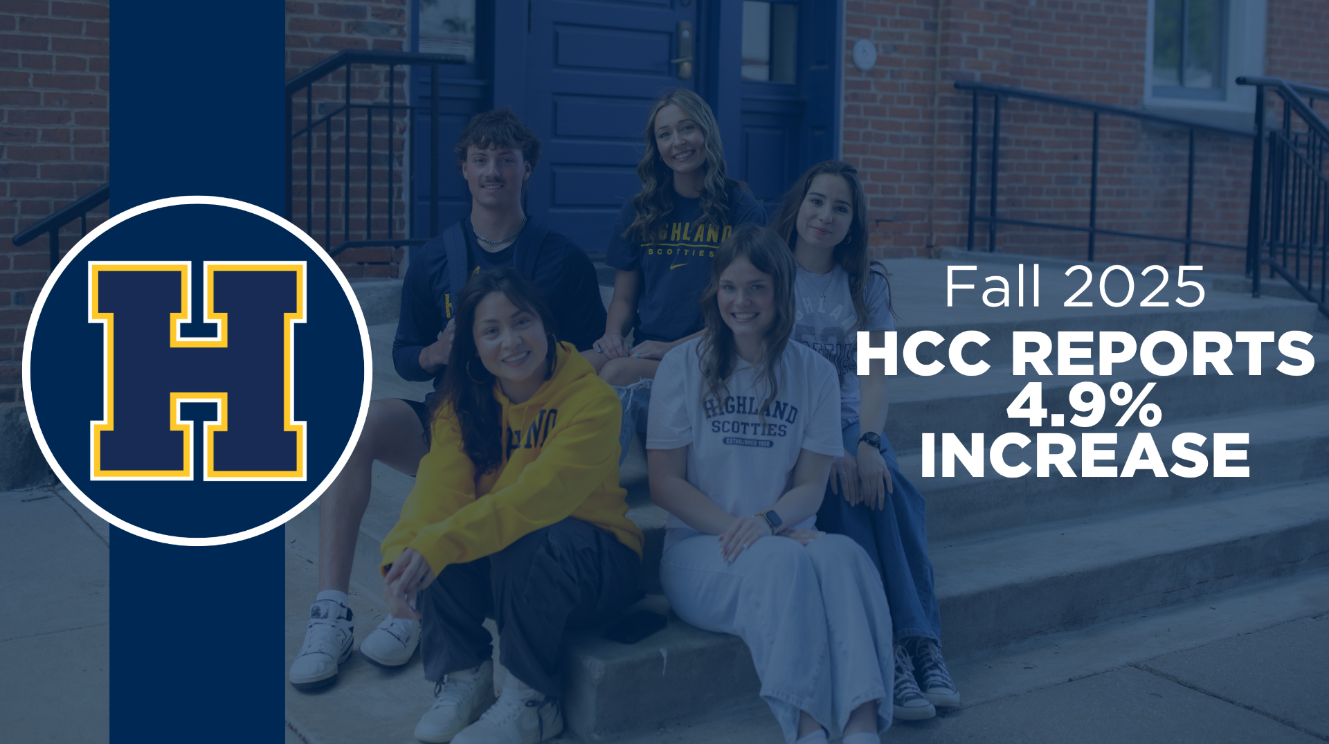 Group of students sitting on the steps with the banner reading 